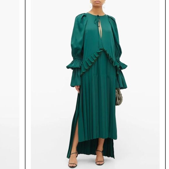 KHAITE Cara Pleated Stepped-Hem Satin Dress in Green - Picture 2 of 16